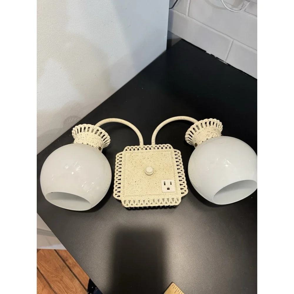 Vintage White Metal Double Light Wall Sconce Fixture With 110 Outlet Boho Retro‎